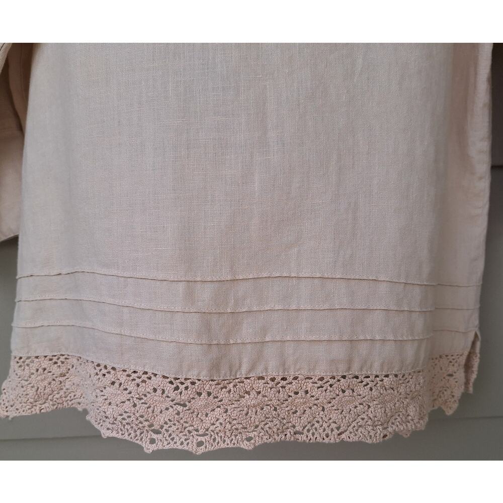 Robert Louis 100% Linen Crochet Trim Mother of Pearl buttons Blouse Shirt Tan M - Picture 4 of 10